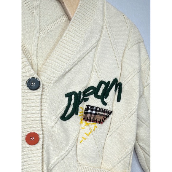Womens Cream Cable Knit Embroidered Dream Sport Cardigan Sweater M - Picture 2 of 5